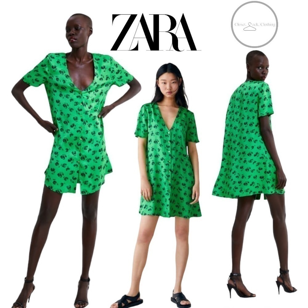 ZARA Green Short Sleeve Floral Dress Size XS